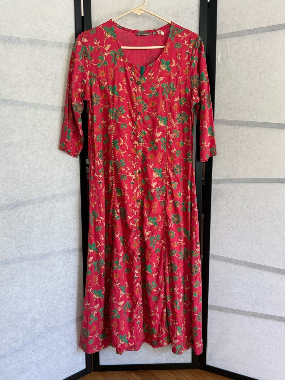 SHREE She Is Special Floral Maxi Dress Red Green 3/4 Sleeve India S - Pocket!